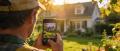 Mann fotografiert Haus im Garten bei Sonnenuntergang, professionelle Immobilienfotografie.