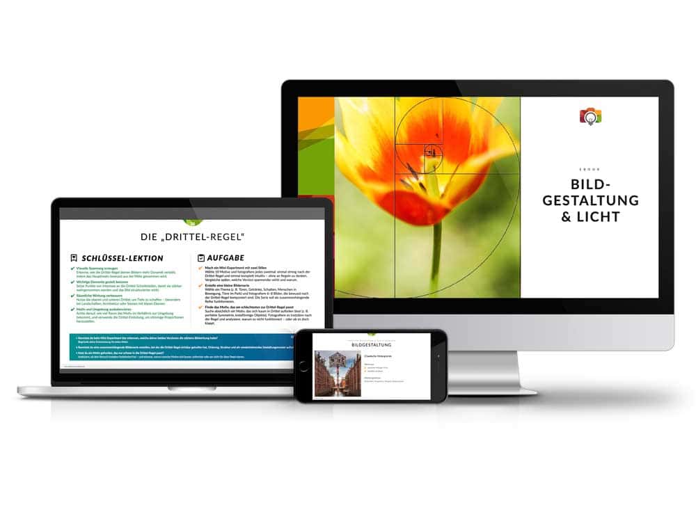 Verschiedene Geräte zeigen Schulungsinhalte zu Bildgestaltung, Licht und Komposition in der Fotograf.
