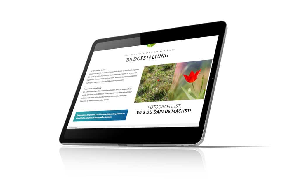 Tablet zeigt Tipps zur Bildgestaltung, Komposition und Lichtsituationen in der Fotografie.