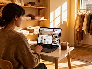 Frau arbeitet an Nutzungsrechte-Vorlage für Fotos am Laptop in einem Geschäft.