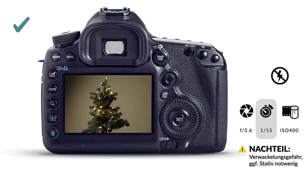 Kameraeinstellungen: Manuelle Einstellungen, gleiche Werte wie Automatik, Blitz DEAKTIVIERT und Verschlusszeit verlängert.