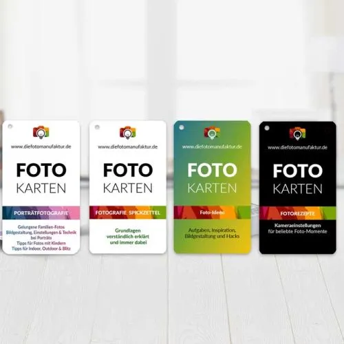 Spickzettel Fotokarten SET 4er – Grundlagen, Porträts, Fotoideen & Fotorezepte