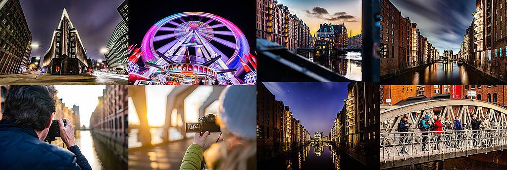 Teilnehmer eines Fotokurses in Hamburg fotografieren die beleuchtete Speicherstadt bei Nacht
